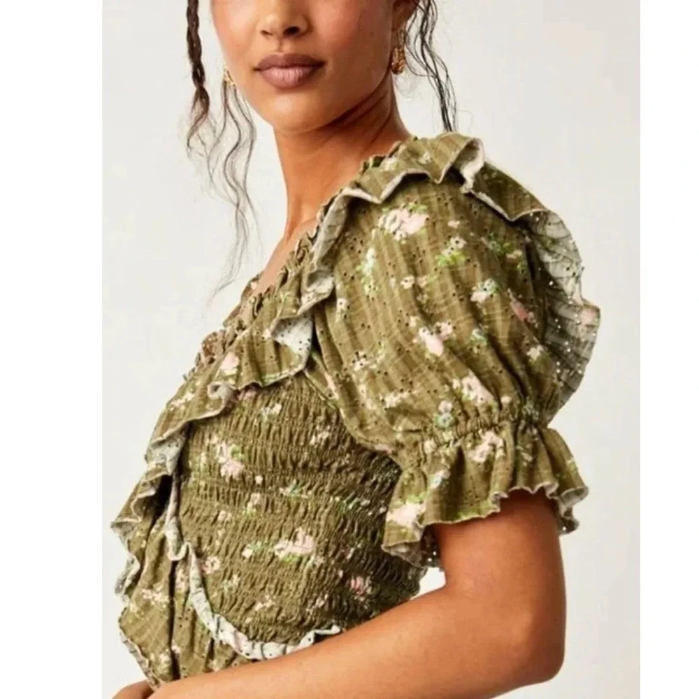 Free People Olive Floral Smocked Eyelet Ruffle Crop Top Boho Prairie Women Large